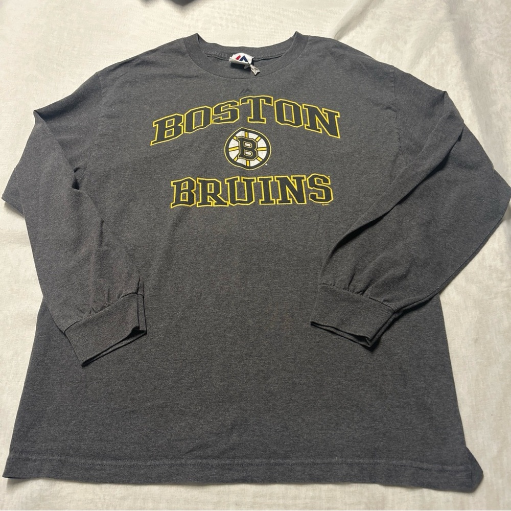 Majestic Boston Bruins Long Sleeve Shirt Men’s Size Large Gray / Yellow Hockey